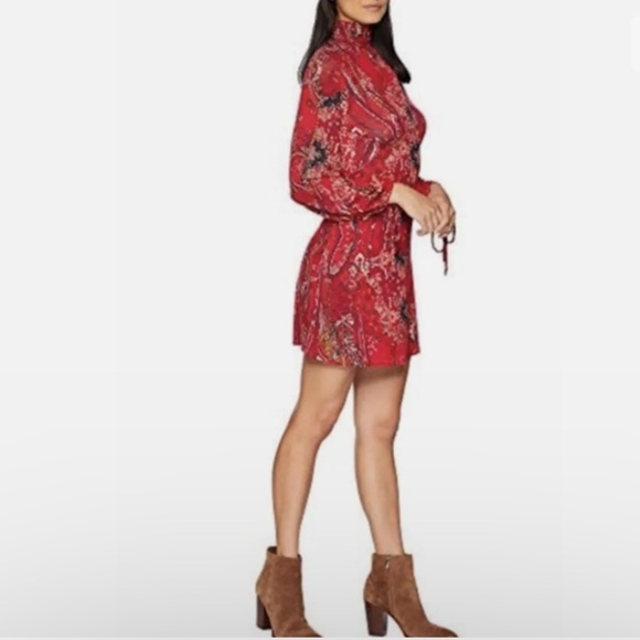 Free People All Dolled Up Women’s Red Paisley Pattern Mock Neck Boho Mini Dress - Picture 2 of 15